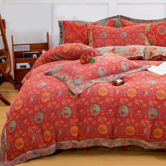 Flower Jacquard Cotton Bedding Sets(4PCS) Bedding Set Ownkoti Zipper Red King