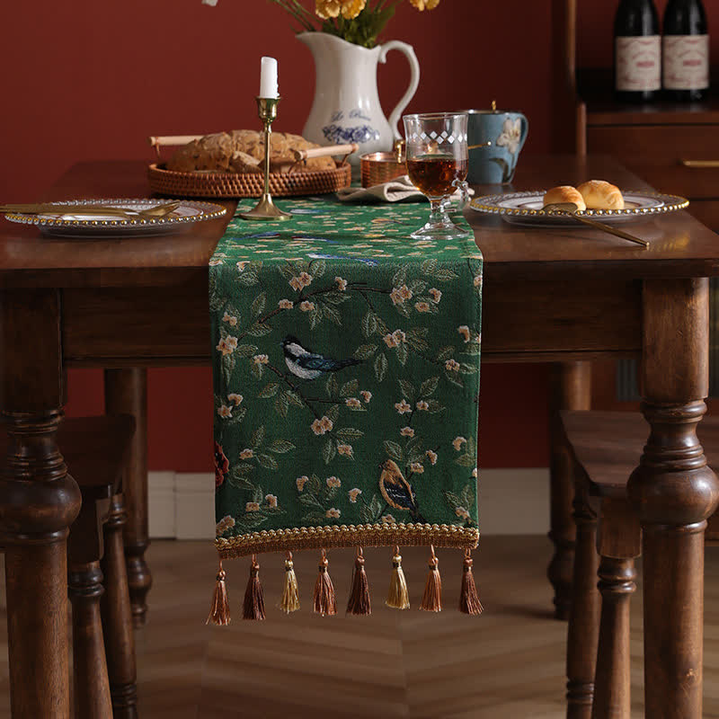 Rural Style Table Runner With Flower & Bird Tablecloth Ownkoti Green 12" x  86"