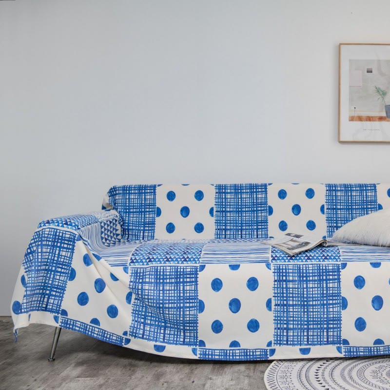 Blue Patchwork Geometry Tassel Sofa Protector