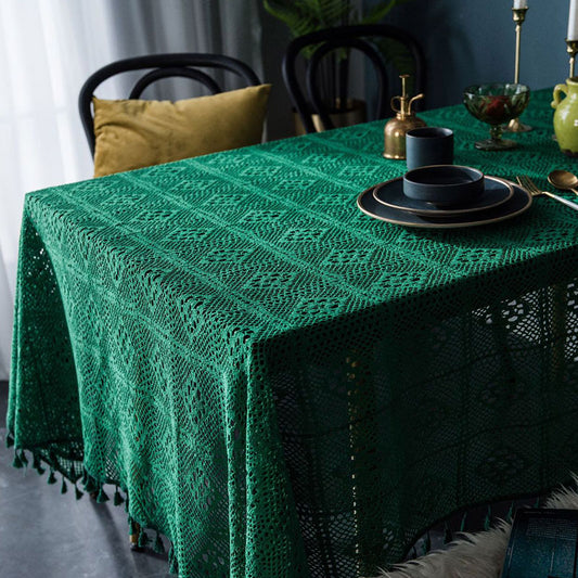 Plaid Hollow-Out Tassel Table Cover