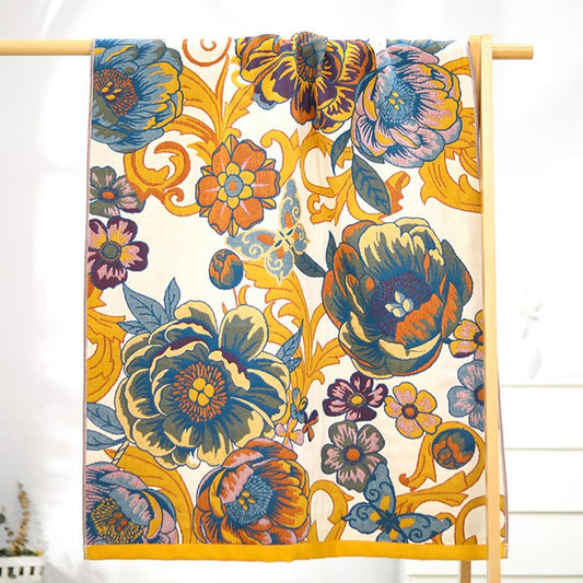 Blooming Flowers Reversible Cotton Bath Towel Towels Ownkoti Yellow 80cm x 150cm