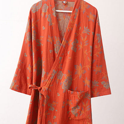 Flower Jacquard Cotton V-Neck Bathrobe Pajama