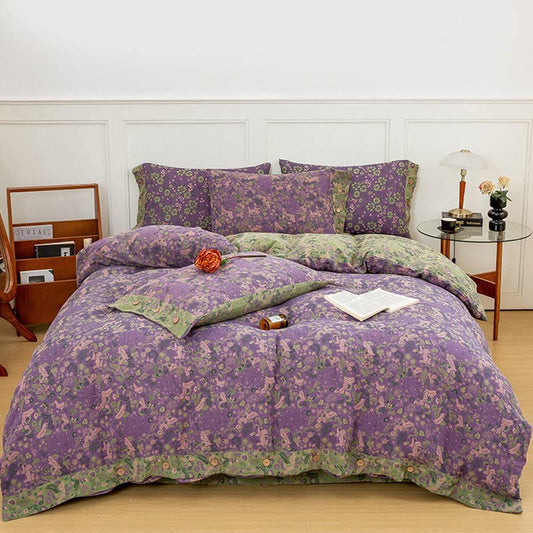 Boho Flower Purple Cotton Bedding Sets(4PCS) Bedding Set Ownkoti Button Purple King