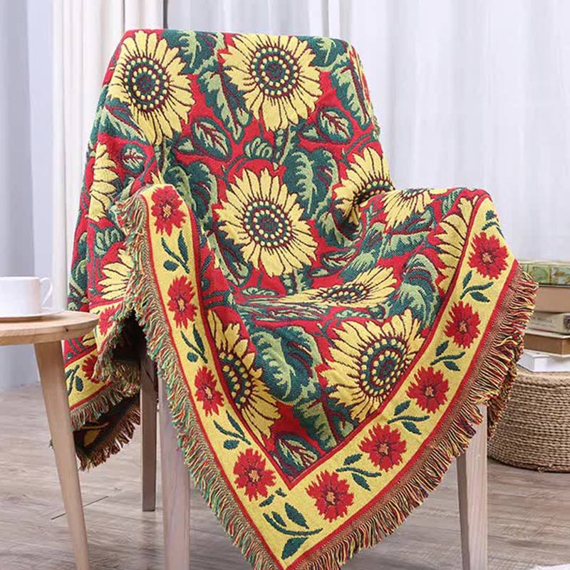 Bohemian Red Sunflower Tassel Knit Blanket