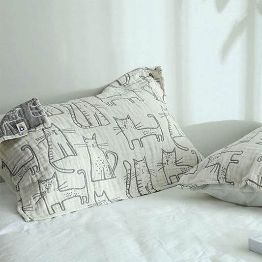 Ownkoti Cat Printed Pillow Towel Bed Cotton Pillow Decor (2PCS) Pillowcases Ownkoti Gray 52cm x 75cm