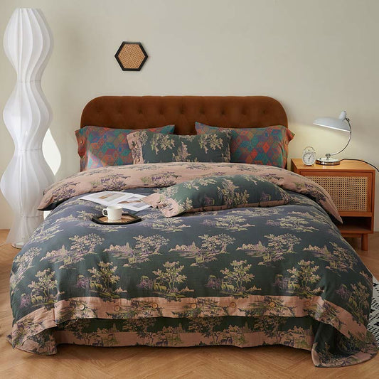 Pastoral Botanical Pattern Cotton Bedding Sets(4pcs) Bedding Set Ownkoti Button Black & Pink King
