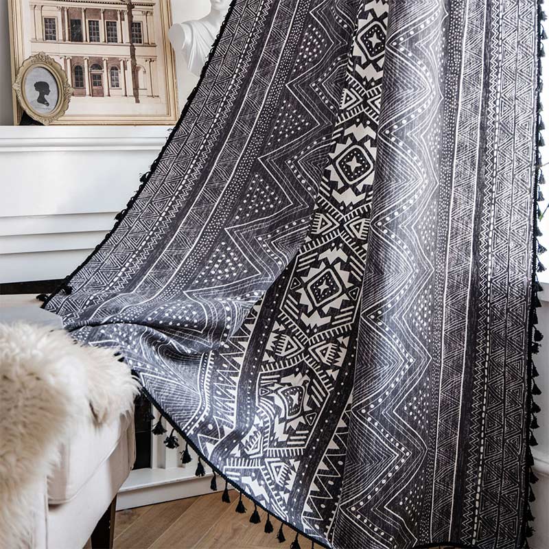Bohemian Black Geometric Cotton Tassels Curtains