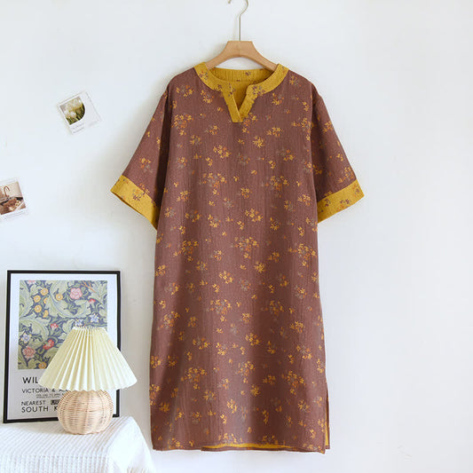 Natural Floral V-neck Soft Cotton Nightdress Loungewear Ownkoti Brown L