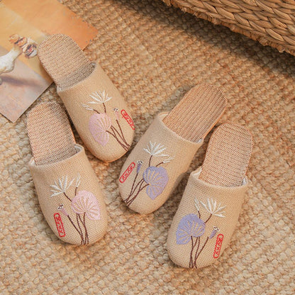Retro Embroidered Lotus Flax Slippers