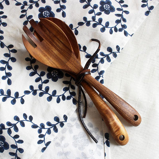 Natural Teak Wooden Rice Scoop Spoon & Fork Set (2PCS)