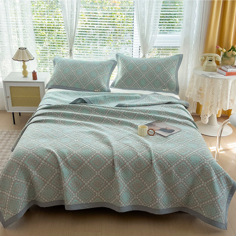 Quadrilateral & Flower Pure Cotton Reversible Quilt Quilts Ownkoti 2pcs Pillowcases Light Green 48cm x 78cm