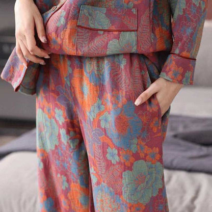 Luxurious Floral Lapel Cotton Pajama Set
