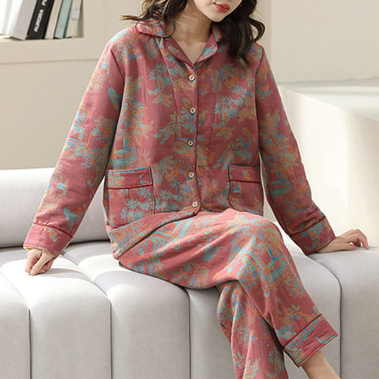 Flower Print Cotton Doule-layer Loungewear Set