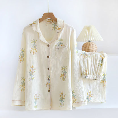 Lapel Floral Long Sleeves Pajama Set
