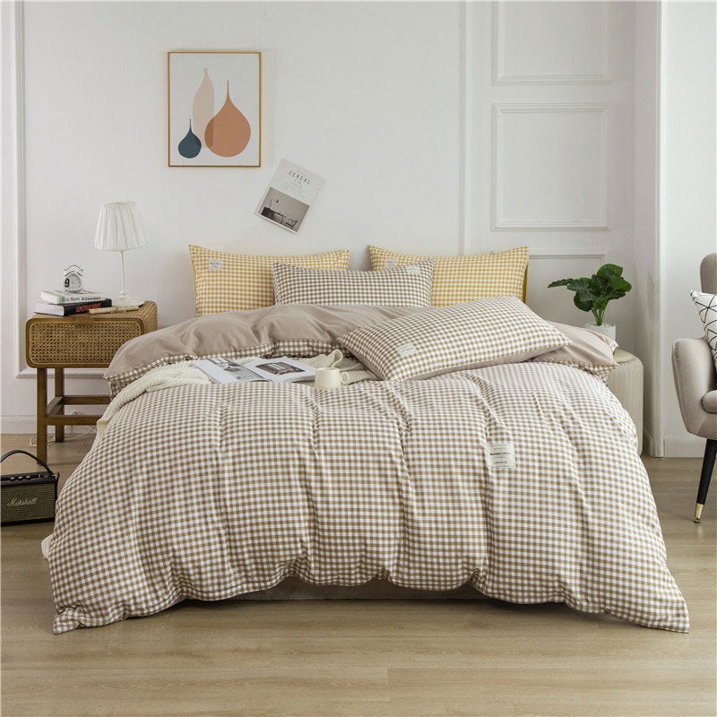 Beige Plaid Quilt Cover Bedsheet & 2*Pillowcases (4PCS)