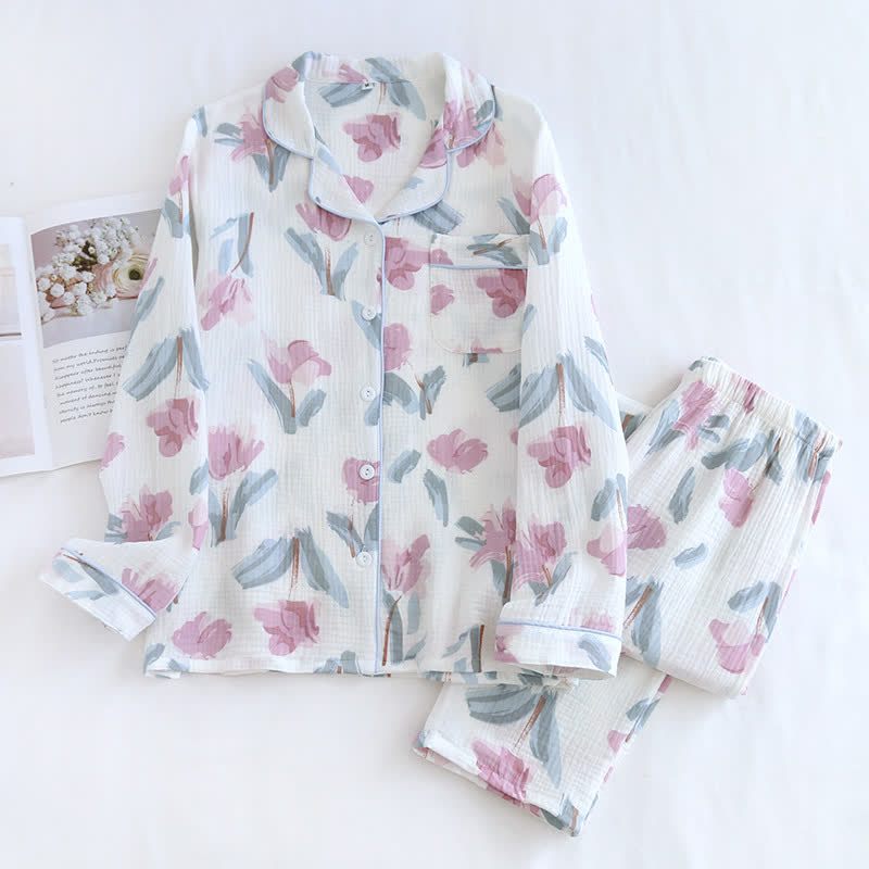 Chic Floral Cotton Gauze Nightwear Set