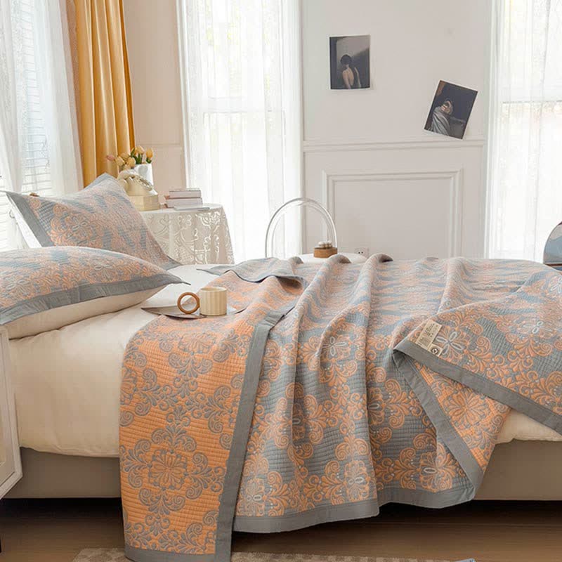 Orange & Grey Color Floral Reversible Quilt Quilts Ownkoti 2
