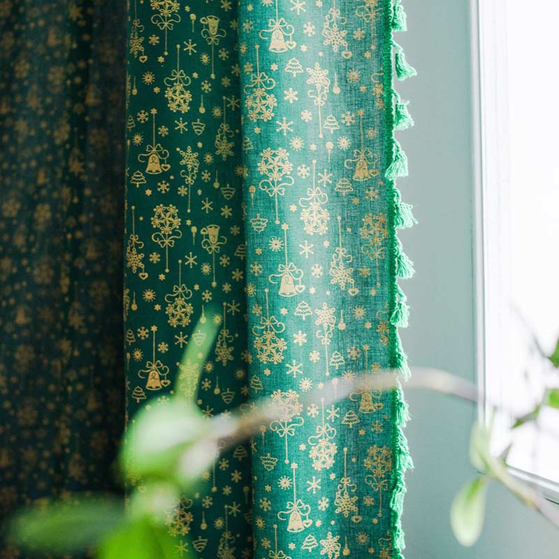 Green Christmas Cotton Linen Tassels Curtain