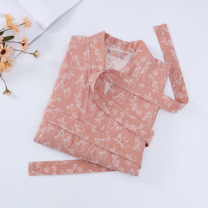 Simple Snowman Print  Cotton V-neck Bathrobe Loungewear Ownkoti Pink XL