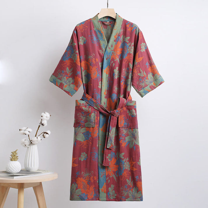 Floral Jacquard Cotton Gauze Summer Bathrobe