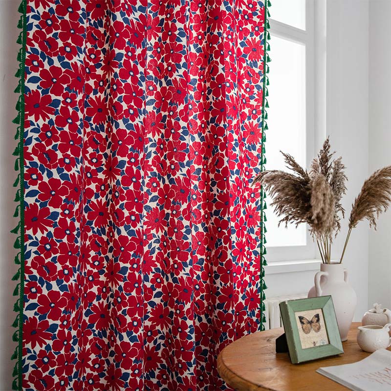 Red Flower Painting Style Light Filtering Curtain