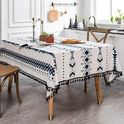 Bohemian Geometric Patterns Tablecloth Cotton Linen Table Cover with Black Tassel