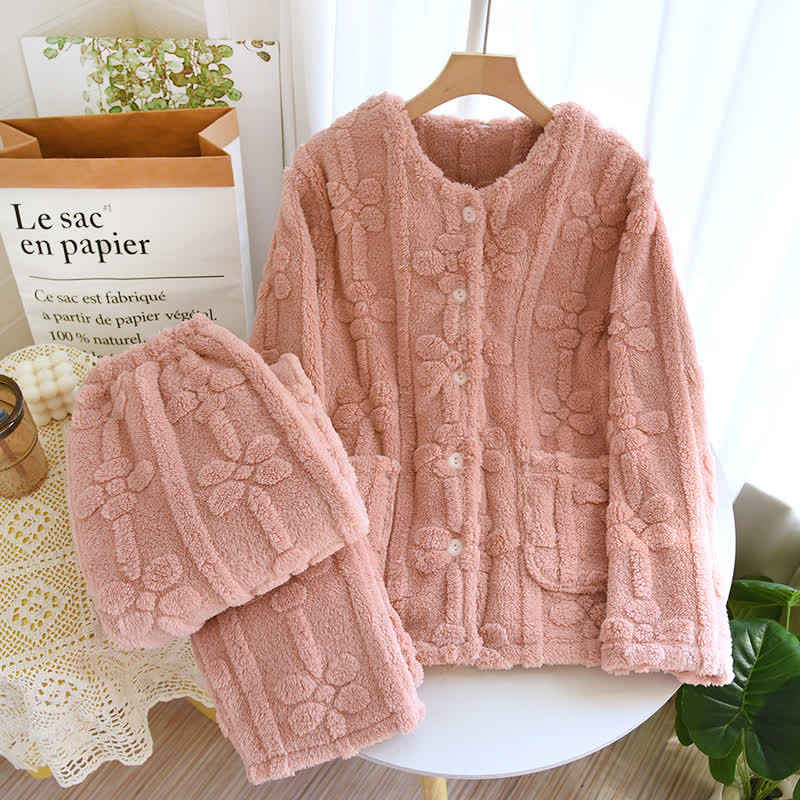 Floral Round-neck Soft Fleece Pajama Set