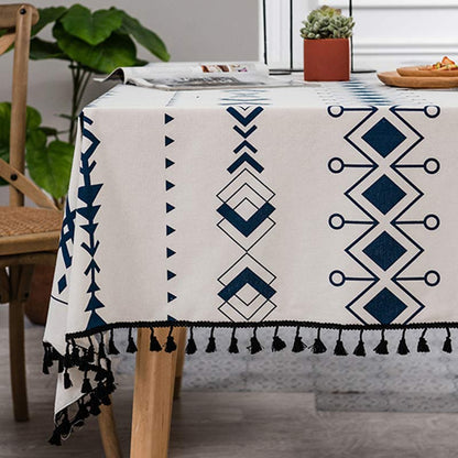 Bohemian Geometric Patterns Tablecloth Cotton Linen Table Cover with Black Tassel