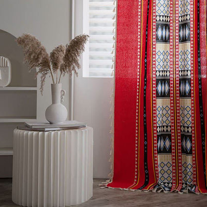 Ownkoti Red Pattern Tassel Light Filtering Curtain