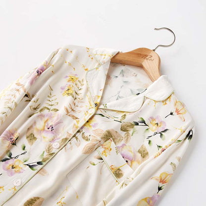 Retro Flower Satin Pajama Set Pocket Sleepwear