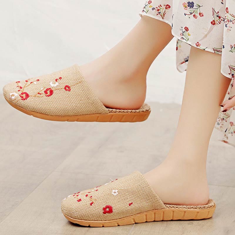 Embroidered Plum Bossom Comfy Flax Slippers Slippers Ownkoti 6