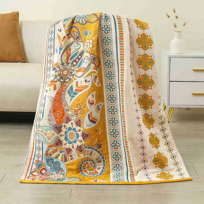 Flower & Leaf Cotton Reversible Bath Towel Towels Ownkoti Yellow & Beige 80cm x 160cm