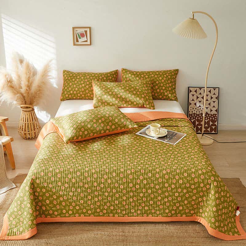 Little Flower Print Reversible Coverlet Blanket Coverlets Ownkoti Green & Orange 1PC Quilt with 2PCS Pillowcases King