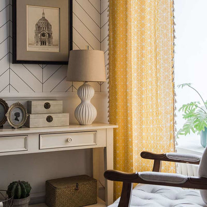 Yellow Plaid Translucent Curtains with Tassels