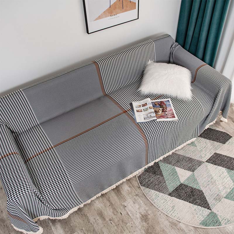 Ownkoti Gray Plaid White Tassel Sofa Protector ownkoti