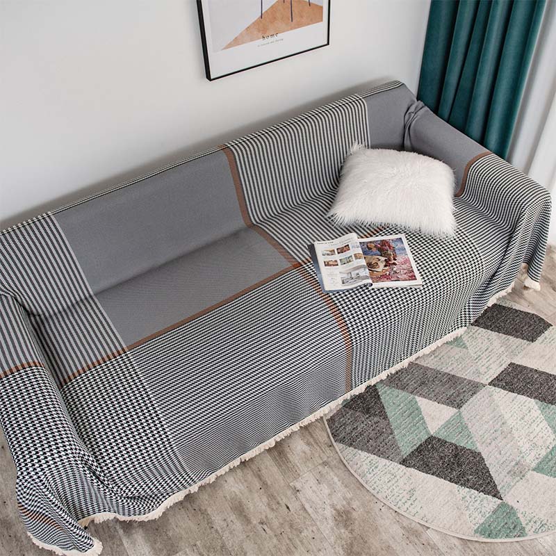 Gray Plaid White Tassel Sofa Protector