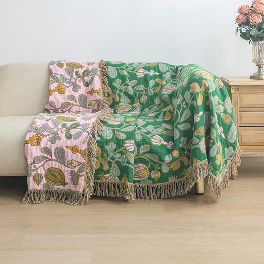 Cotton Gauze Floral Tassel Reversible Blanket