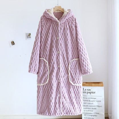 Solid Color Warm Flannel Hooded Bathrobe