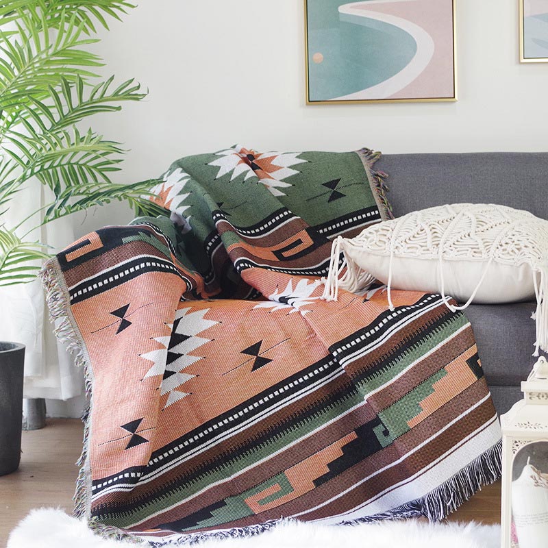 Multicolor Pattern Knitted Blanket with Tassels