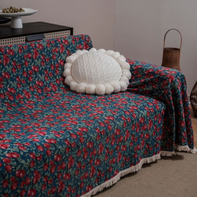 Vintage Cherry Jacquard Tassel Sofa Protector