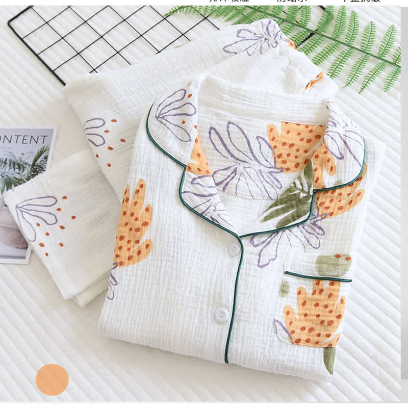 Leaf Print Pure Cotton Long Sleeves Pajama Set