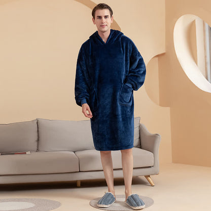 Solid Color Hoodie Flannel Pajama Bathrobe