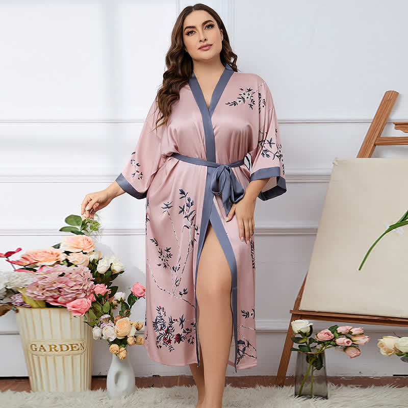 Over-size Branches & Leaves Satin Bathrobe