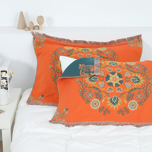 Flower Pattern Tassel Cotton Pillow Towel (2PCS) Pillowcases Ownkoti Orange 56cm x 76cm