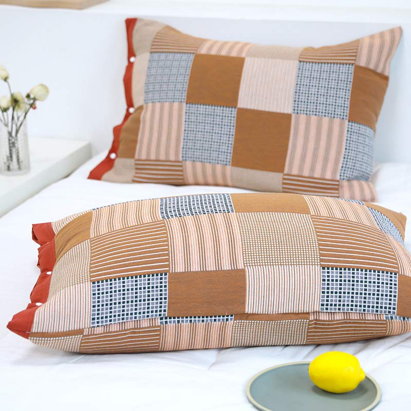 Plaid Striped Button Cotton Pillow Cover (2PCS)