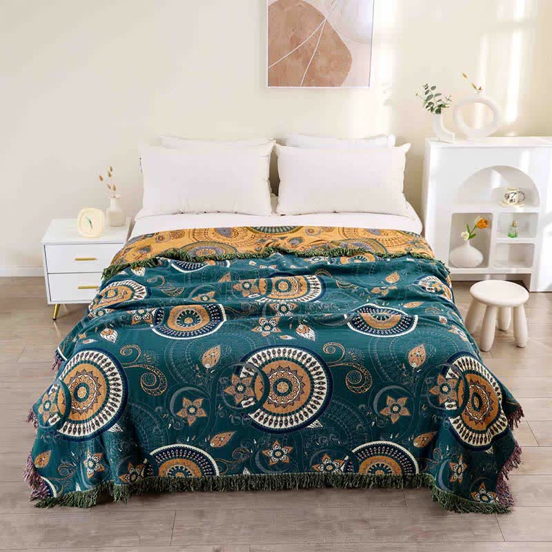 Bohemian Style Mandala Print Tassel Quilt