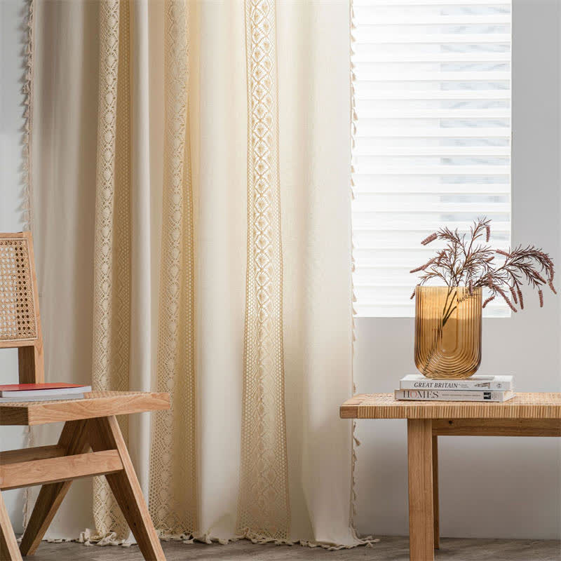 Ownkoti Beige Hollow-Out Light Filtering Tassel Curtain