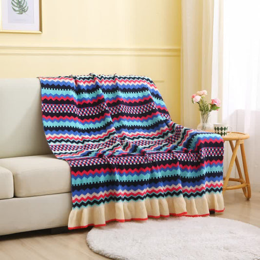 Colorful Zigzag Knitted Ruffle Decorative Blanket