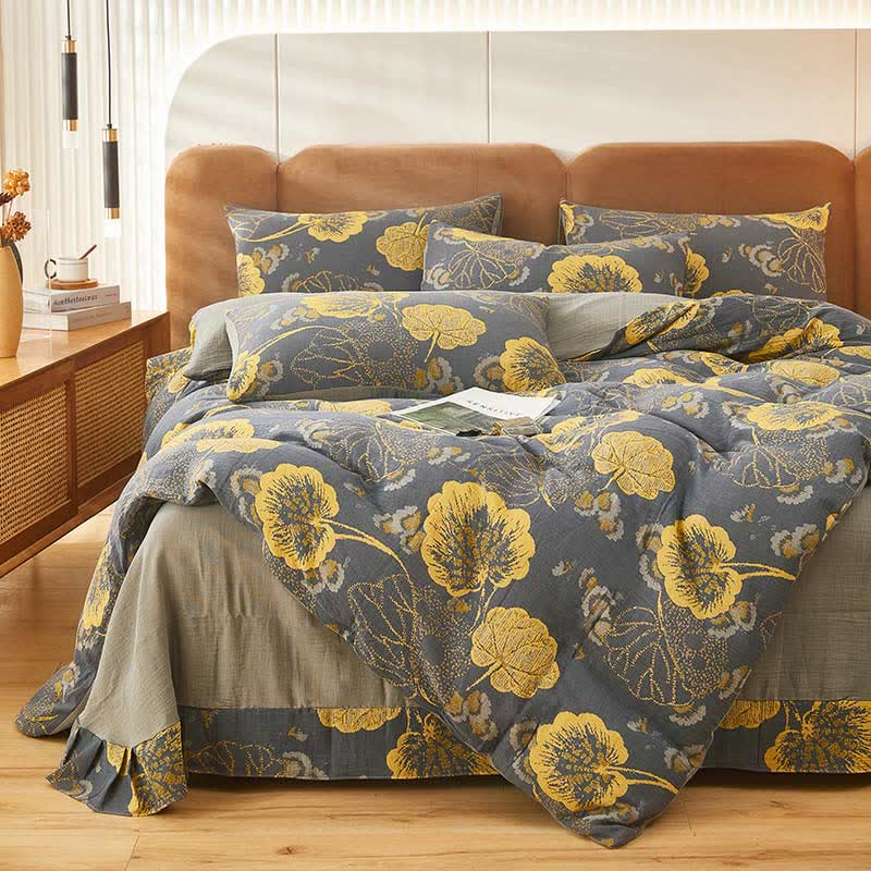 Yellow Leaf Print Cotton Bedding Sets (4PCS) Bedding Set Ownkoti Dark Grey & Yellow King
