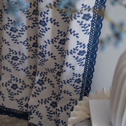 Ownkoti Blue Flower Lace Brim Light Filtering Curtain